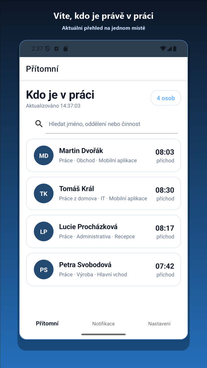 Mobilní aplikace NejDocházka s aktuálním přehledem přítomných zaměstnanců